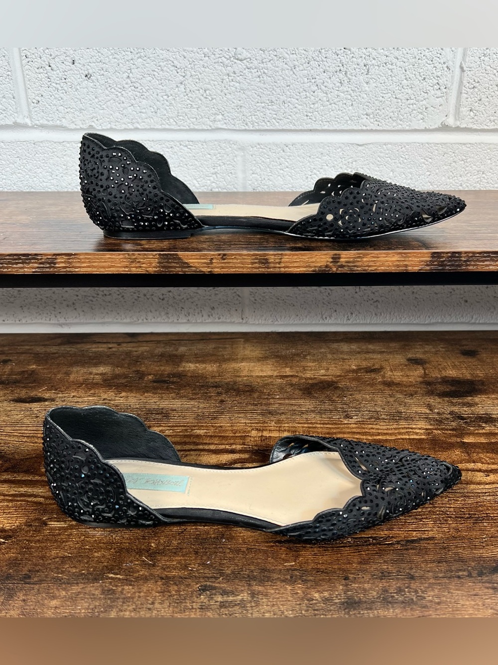 Betsey Johnson Shoes Lucy Black Flats Cutout Rhinestone Point Toe Slip On 8.5